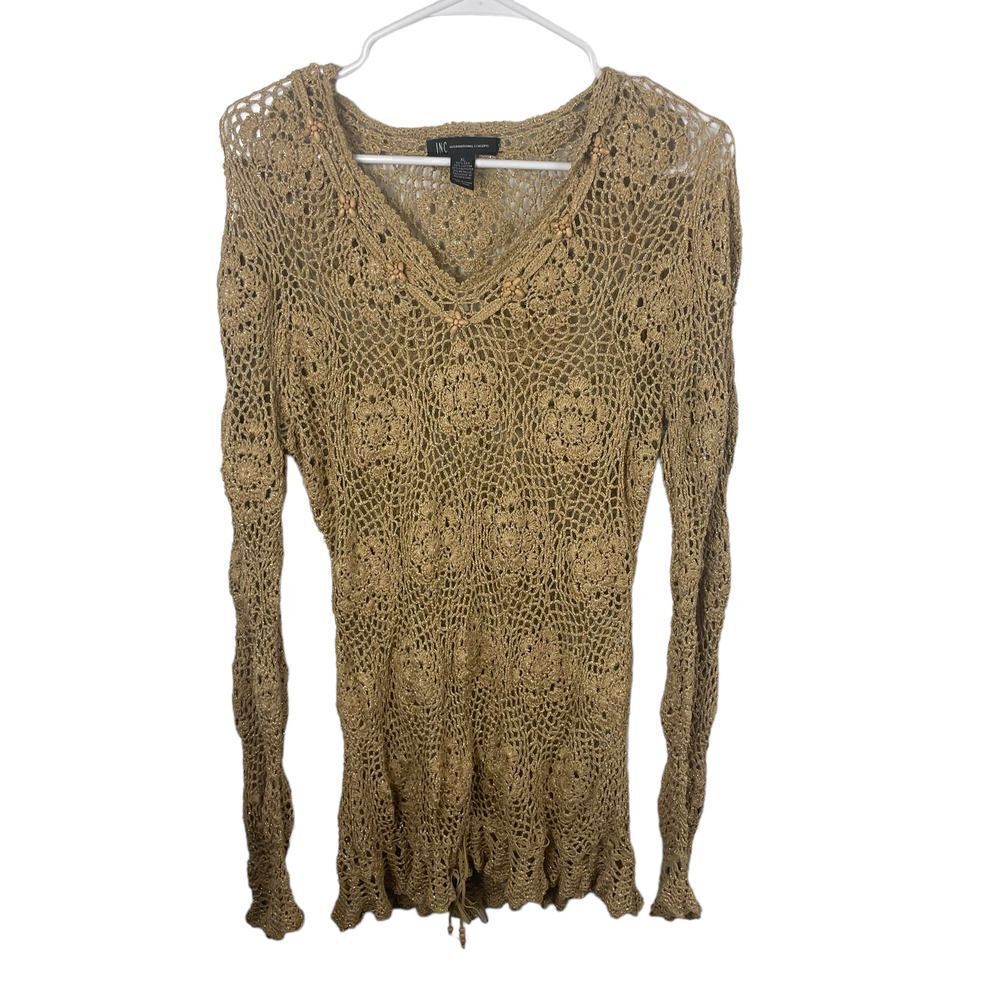INC International Concepts Y2K Silk Metallic Gold Knitted Sweater Dress Size S/M